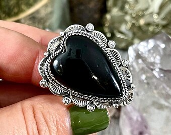 Black Onyx Heart Crystal Statement Ring in Sterling Silver- Designed by FOXLARK Collection Adjusts to size 6,7,8,9, or 10 / Gothic Jewelry