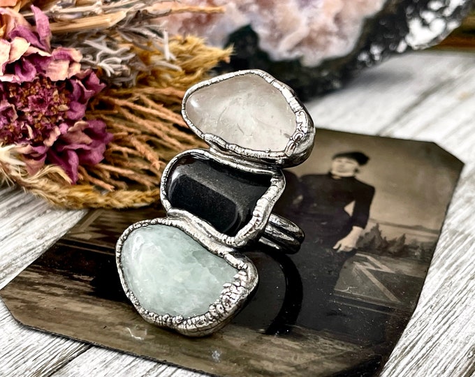 Size 6 Crystal Ring - Three Stone Ring Black Onyx Clear Quartz Aquamarine Silver Ring / Foxlark Collection - One of a Kind / Crystal Jewelry