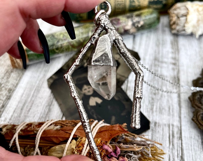 Sticks & Stones Collection- Clear Quartz Necklace in Fine Silver // Big Crystal Necklace. Witchy Jewelry Gothic Pendant / Bohemian Festival