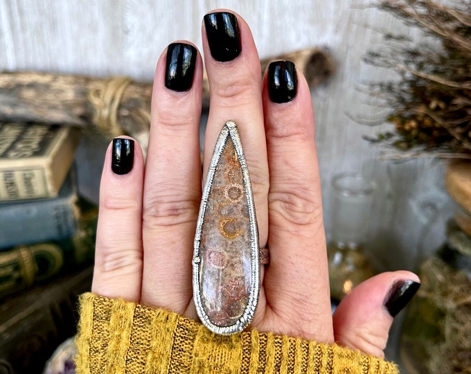 Size 8.5 Fossilized Coral Silver Statement Ring / Foxlark Collection - One of a Kind / Big Crystal Ring Witchy Jewelry / Gothic Jewelry