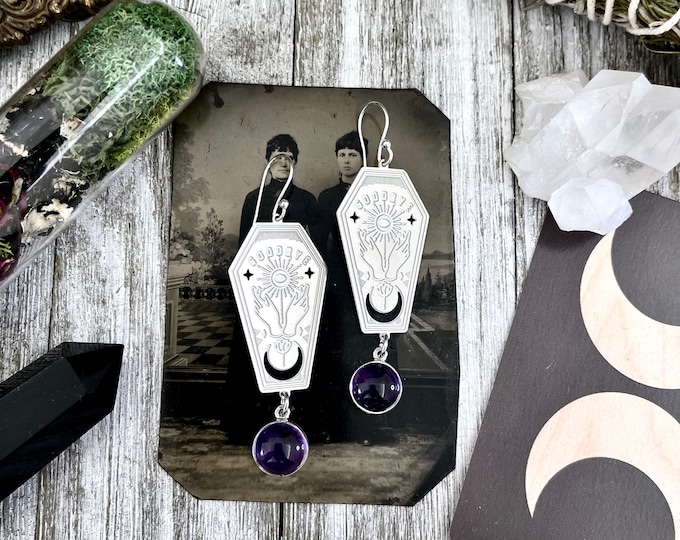 Coffin Planchette Amethyst Earrings Sterling Silver & Stainless Steel Earrings / / Witchy Gothic  Earrings  /  Long Dangly Purple Gemstone