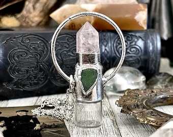 Rose Quartz and Green Sea Glass Crystal Necklace / Silver Crystal Rollerball Necklace / Foxlark Collection - One of a Kind / Gothic Jewelry