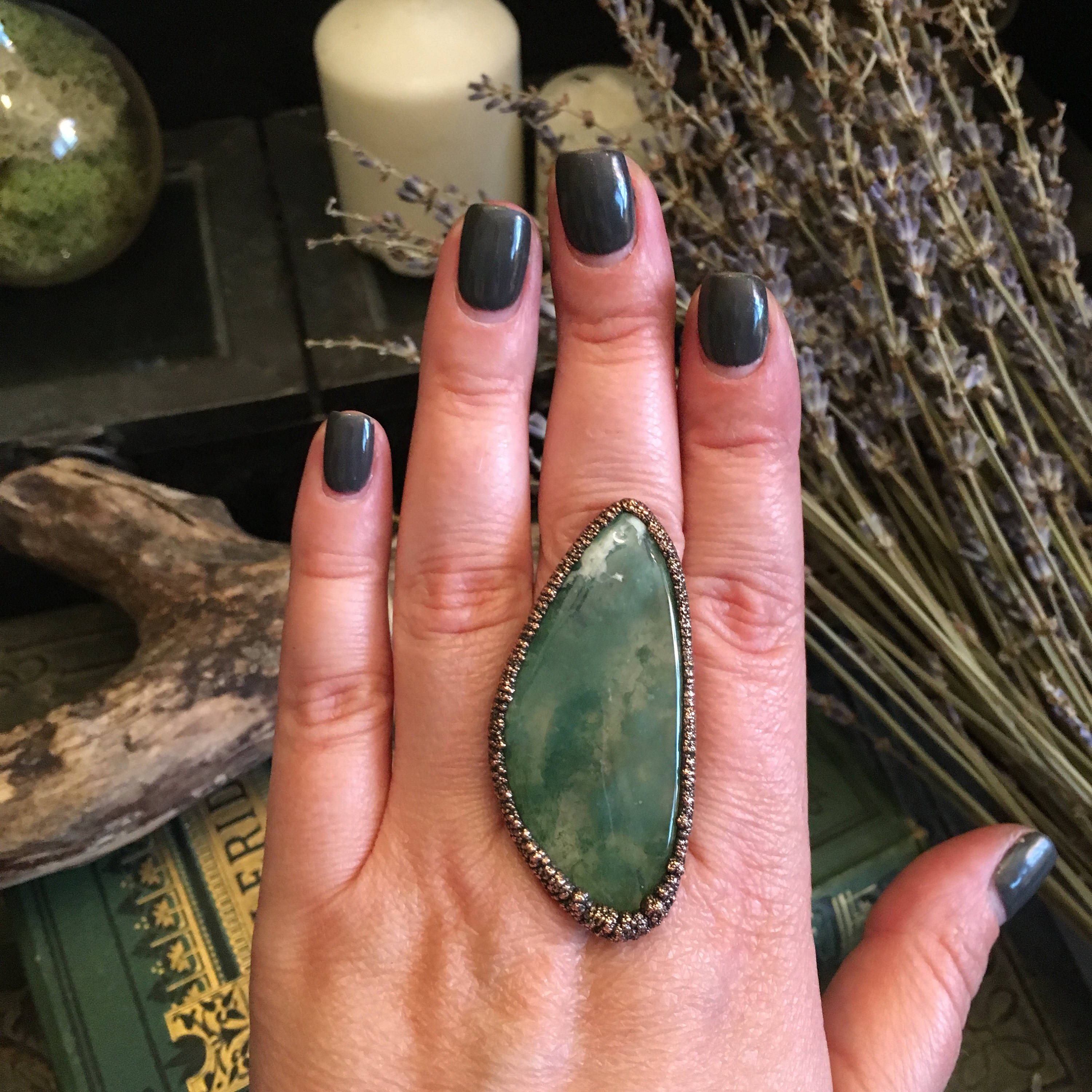 Moss Agate Ring size 8-1/2 / Natural Stone Ring / Crystal Ring / Gypsy