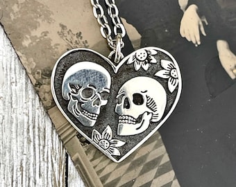 Tiny Talisman Collection - Sterling Silver The Lovers Skull & Heart Necklace Charm 24x22mm / / Witchy Goth Jewelry Halloween Valentines