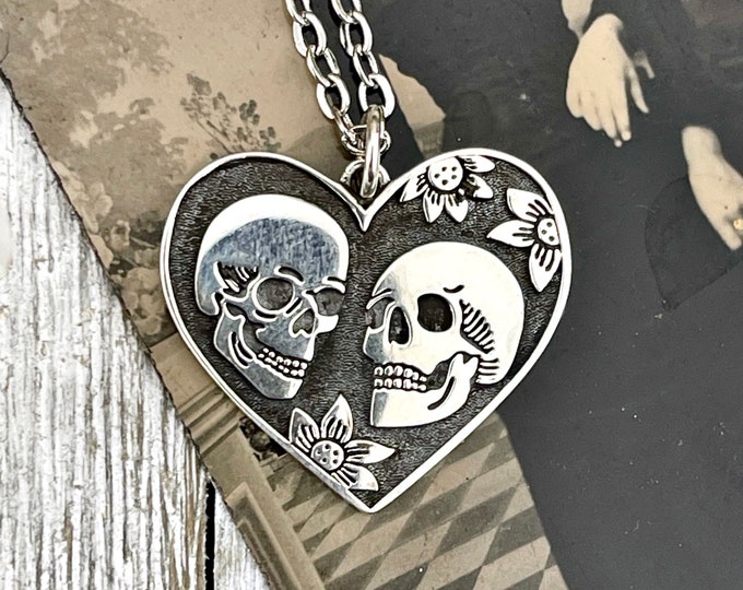 Tiny Talisman Collection - Sterling Silver The Lovers Skull & Heart Necklace Charm 24x22mm / / Witchy Goth Jewelry Halloween Valentines