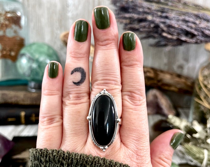 Black Onyx Oval Crystal Statement Ring in Sterling Silver - Designed by FOXLARK Collection Adjustable to Size 6 7 8 9 | Stone Ring Gemstone