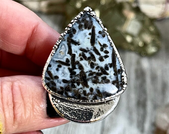 Unique Size 7 Large Blue Fossilized Palm Root Statement Ring in Fine Silver / Foxlark Collection - One of a Kind / Gothic Jewelry Gemstone