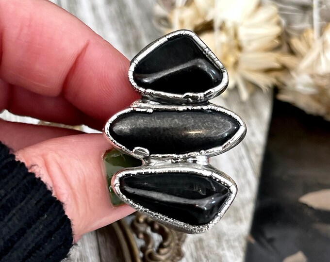 Size 8 Crystal Ring - Three Stone Ring Black Onyx Ring in Silver / Foxlark Collection - One of a Kind / Witchy Big Crystal Jewelry Goth Ring