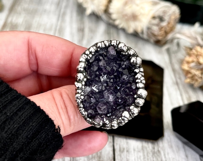 Size 8.5 Big Raw Amethyst Purple Crystal Ring in Fine Silver / Foxlark Collection - One of a Kind / Big Crystal Ring Witchy Jewelry Gemstone