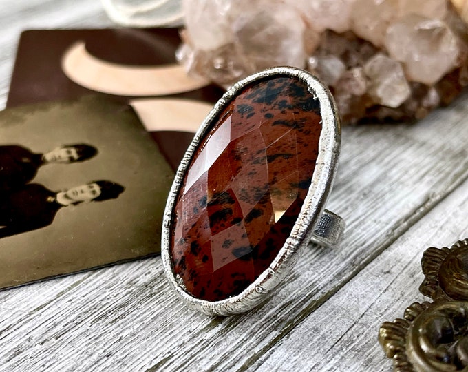 Size 5 Big Mahogany Obsidian Statement Ring in Fine Silver / Foxlark Collection - One of a Kind // Large Black Red Crystal Jewelry Gemstone