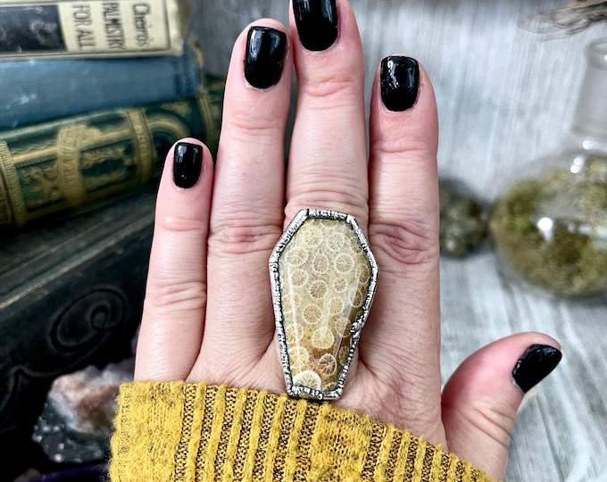 Size 8.5 Large Fossilized Coral Coffin Statement Ring in Fine Silver / Foxlark Collection - One of a Kind / Big Crystal Ring Witchy Jewelry