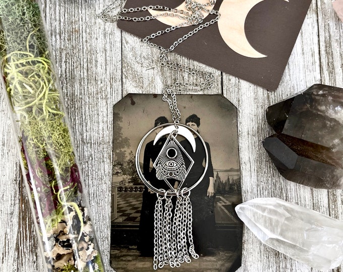 Eye Planchet and Moon Fringe Necklace / Talisman Collection - Sterling Silver / Witchy Necklace Goth Jewelry Amulet