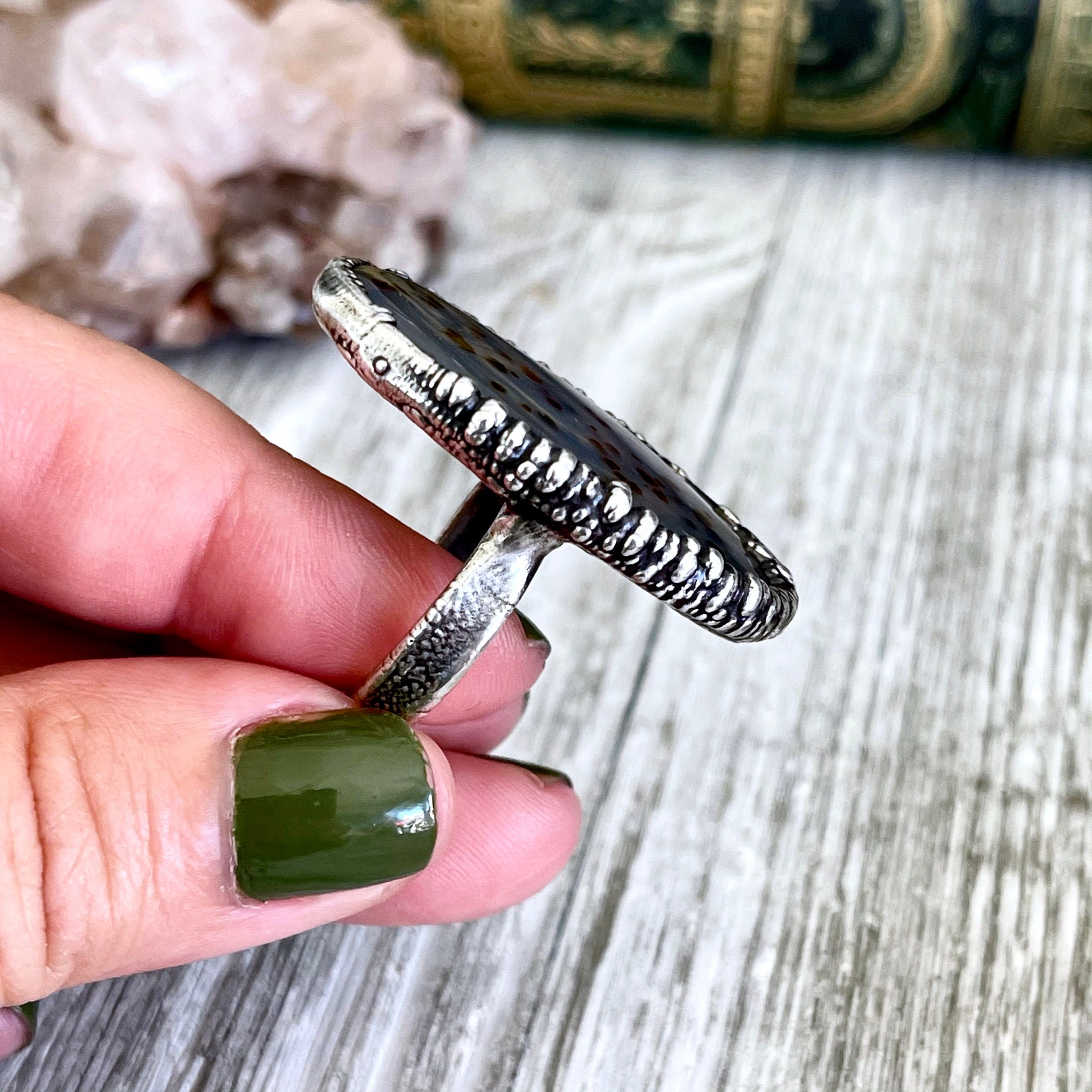 Size 8.5 Dendritic Agate Large Crystal Ring in Fine Silver for Woman /  Foxlark Collection - One of a Kind