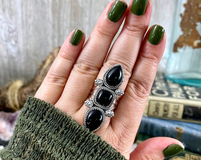 Triple Stone Black Onyx Ring in Solid Sterling Silver- Designed by FOXLARK Collection Size 5 6 7 8 9 10 11 / Big Crystal Ring Witchy Jewelry