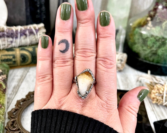 Size 8.5 Raw Citrine Crystal Point Ring Set in Fine Silver  / Foxlark Collection - One of a Kind / Big Crystal Ring Witchy Jewelry Gemstone