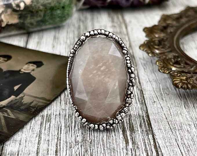 Size 8 Peach Pink Moonstone Statement Ring in Fine Silver  / Foxlark Collection - One of a Kind / Big Crystal Ring Witchy Jewelry