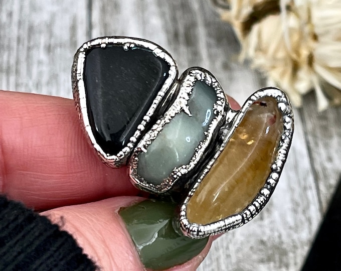 Size 6.5 Crystal Ring - Three Stone Black Onyx Aventurine Citrine Ring in Sliver / Foxlark Collection - One of a Kind / Big Crystal Jewelry