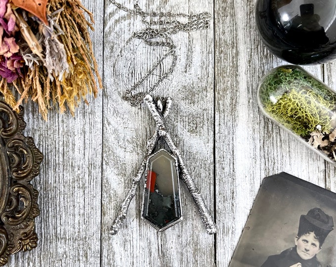 Sticks & Stones Collection- Bloodstone Crystal Necklace in Silver / / Big Crystal Necklace Witchy Gothic Jewelry / Handcrafted Silver