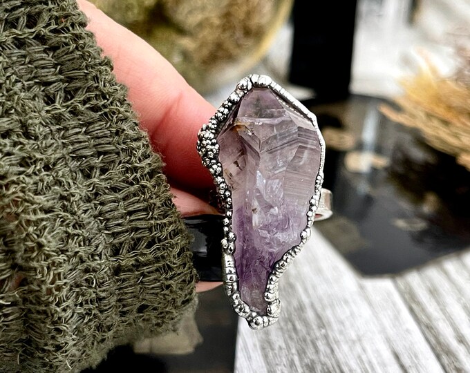 Size 7.5 Big Raw Amethyst Purple Crystal Ring in Fine Silver / Foxlark Collection - One of a Kind / Big Crystal Ring Witchy Jewelry Gemstone