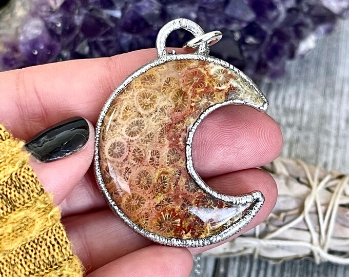 Fossilized Coral Crescent Moon Necklace in Fine Silver  / Foxlark Collection - One of a Kind Electroformed Jewelry Electroformed