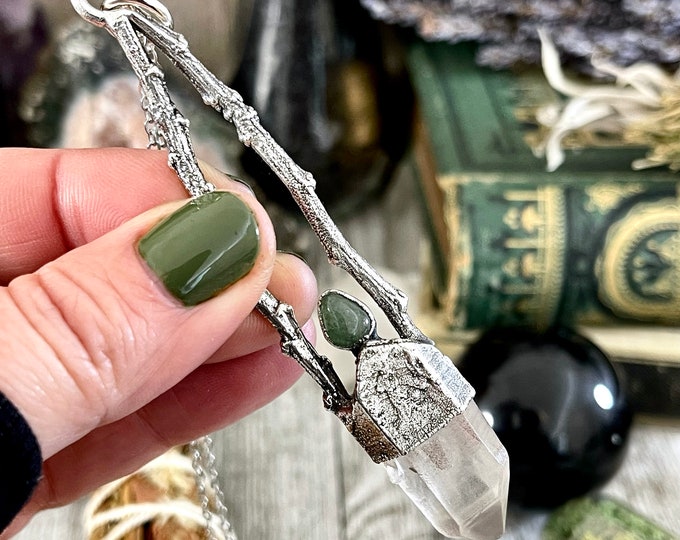 Sticks & Stones Collection- Raw Clear Quartz and Green Aventurine Necklace in Fine Silver // Big Crystal Witchy Jewelry Alternative Pendant