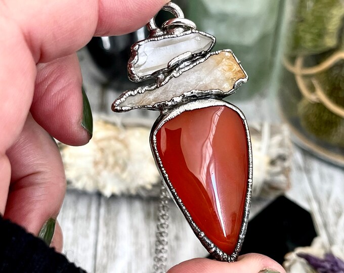 Three Stone Clear Quartz Yellow Citrine Red Carnelian Necklace in Fine Silver / Foxlark Collection - One of a Kind Jewelry // Boho Pendent