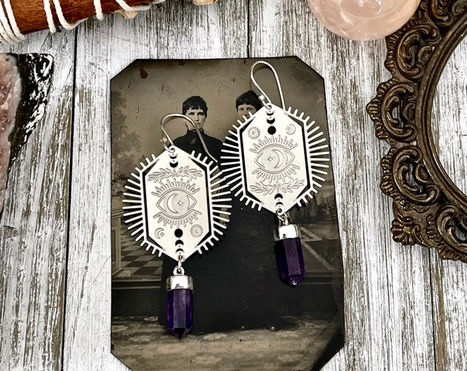 Evil Eye and Amethyst Earrings Sterling Silver & Stainless Steel Earrings / / Witchy Gothic  Earrings  /  Long Dangly Geometric Earrings