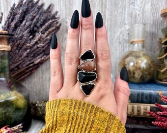 Multi Stone Black Obsidian Sun Stone Ring In Silver Size 10 / Foxlark Collection / Big Crystal Ring