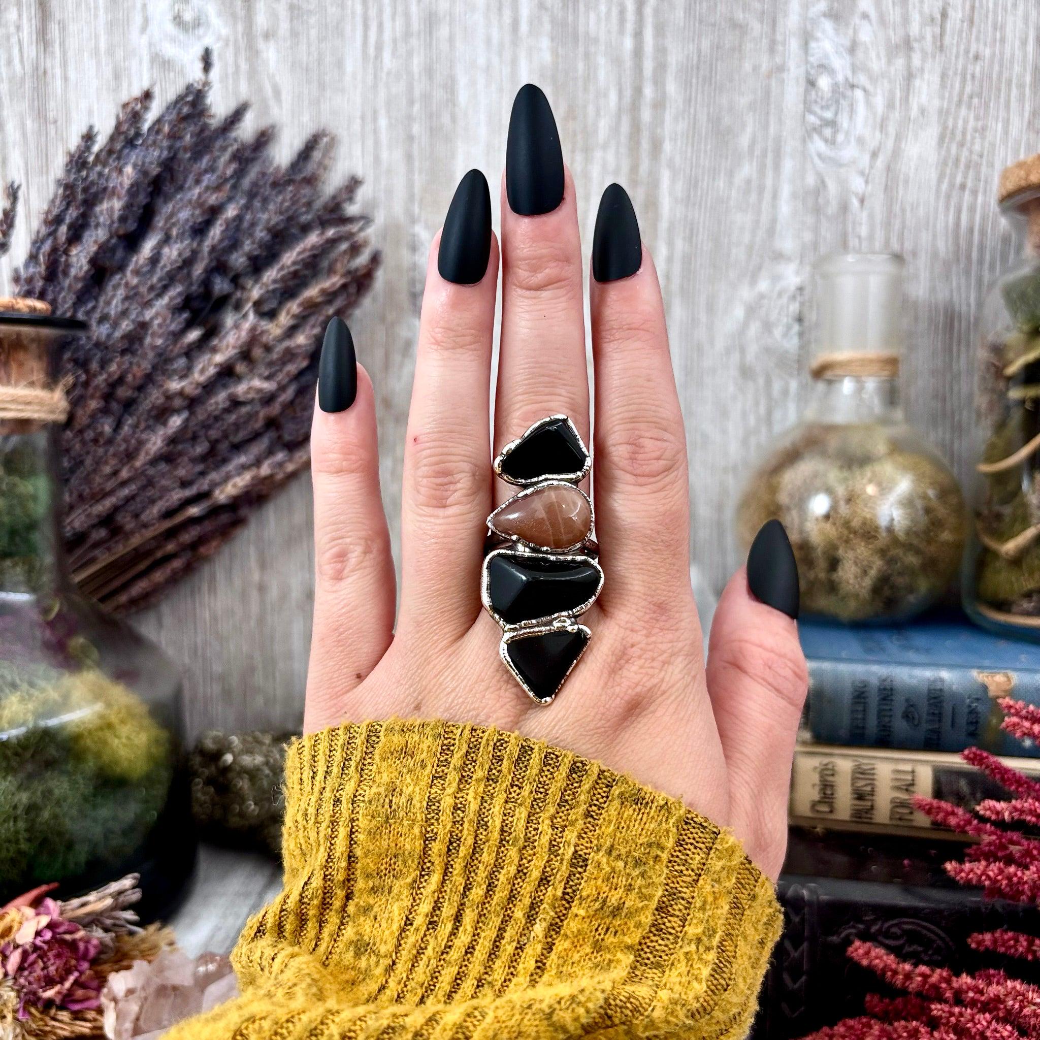 マルチストーン ブラックオブシディアン サンストーン リング シルバー