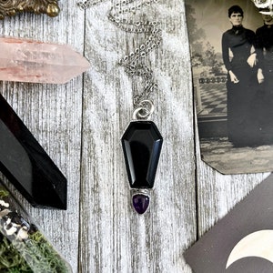 Crystal Coffin Black Onyx and Amethyst Necklace  / Gothic Jewelry / Coffin Jewelry / Halloween Jewelry / Crystal Jewelry
