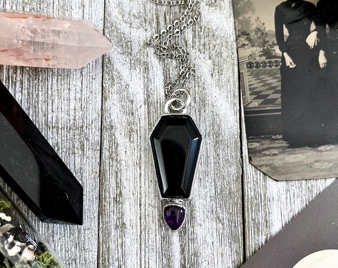 Crystal Coffin Black Onyx and Amethyst Necklace  / Gothic Jewelry / Coffin Jewelry / Halloween Jewelry / Crystal Jewelry