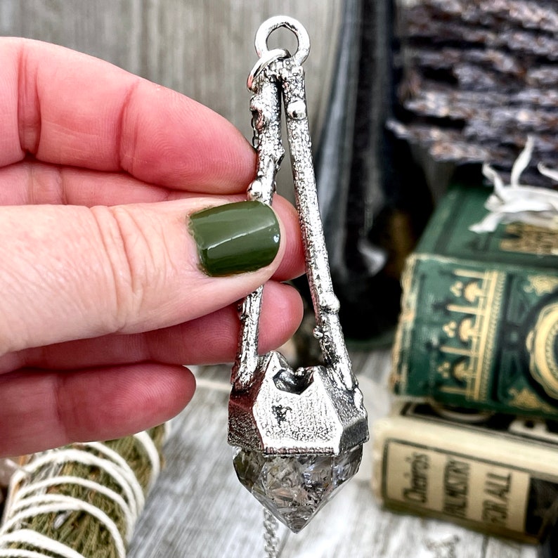 Sticks & Stones Collection Herkimer Diamond Necklace in Fine Silver // Big Crystal Necklace. Witchy Jewelry Gothic Pendant image 1