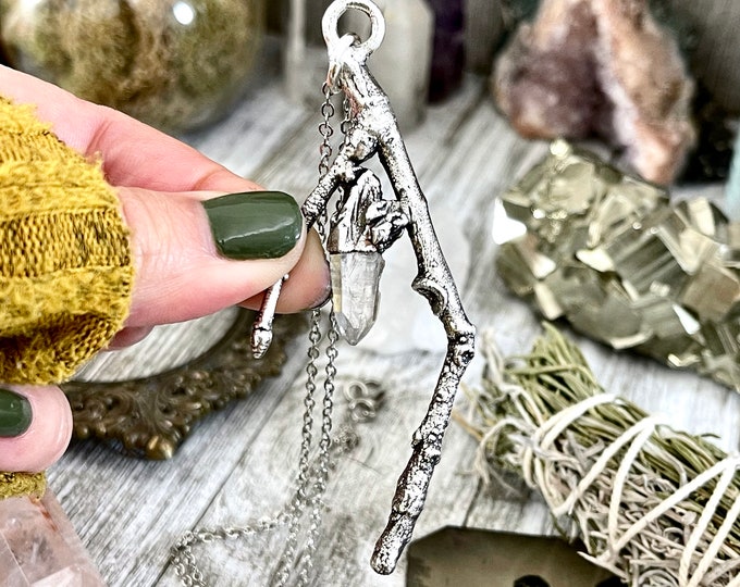 Sticks & Stones Collection- Raw Clear Quartz Crystal Necklace in Fine Silver // Big Crystal Necklace. Witchy Jewelry Gothic Pendant