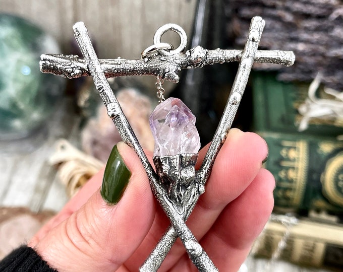 Sticks & Stones Collection- Raw Amethyst Crystal Necklace in Silver / / Big Crystal Necklace Witchy Jewelry Gothic Necklace Punk Rock Style