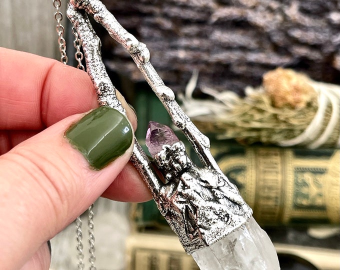 Sticks & Stones Collection - Raw Clear Quartz and Amethyst Crystal Necklace in Fine Silver // Crystal Necklace Witchy Jewelry Gothic Pendant