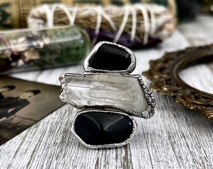 Size 10 Crystal Ring - Three Stone Ring Black Onyx Raw Clear Quartz Ring Silver / Foxlark Collection - One of a Kind / Big Crystal Jewelry