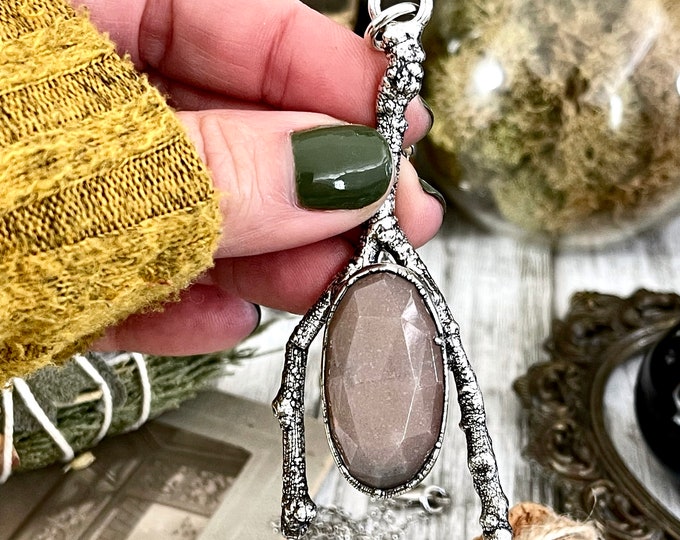 Sticks & Stones Collection Peach Moonstone Necklace / Big Silver Crystal Necklace / Big Statement Necklace / Natural Crystal Jewelry Gothic