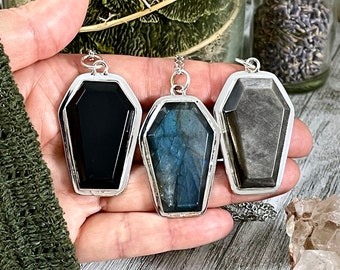 Big Chunky Crystal Coffin Necklace in Sterling Silver- Black Onyx, Labradorite or Silver Sheen Obsidian -Designed by FOXLARK Collection