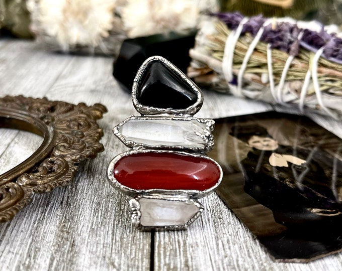 Size 10 Crystal Ring - Four Stone Black Onyx Red Carnelian Clear Quartz Ring In Silver  / Foxlark - One of a Kind // Alternative Ring