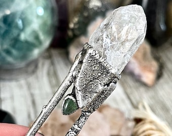 Sticks & Stones Collection- Raw Clear Quartz and Green Aventurine Necklace in Fine Silver // Big Crystal Witchy Jewelry Alternative Pendant
