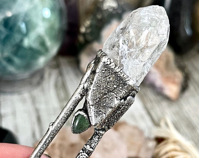 Sticks & Stones Collection- Raw Clear Quartz and Green Aventurine Necklace in Fine Silver // Big Crystal Witchy Jewelry Alternative Pendant