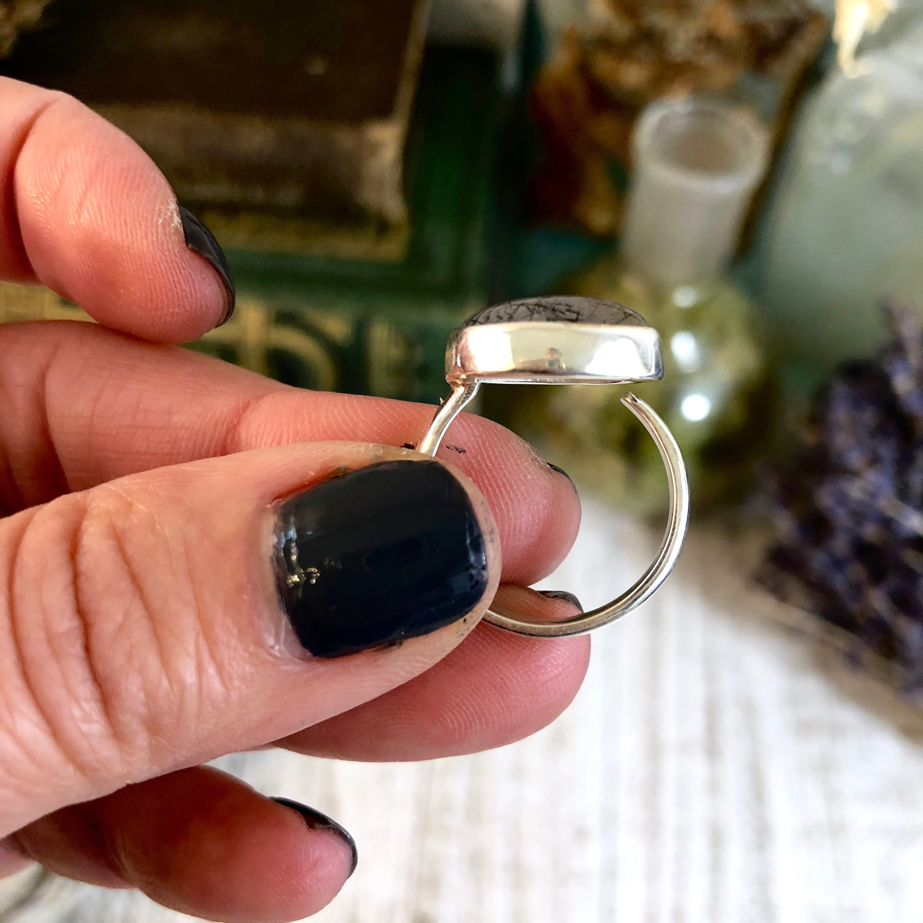 Black Tourmaline Quartz Statement Ring Set in Sterling Silver Size