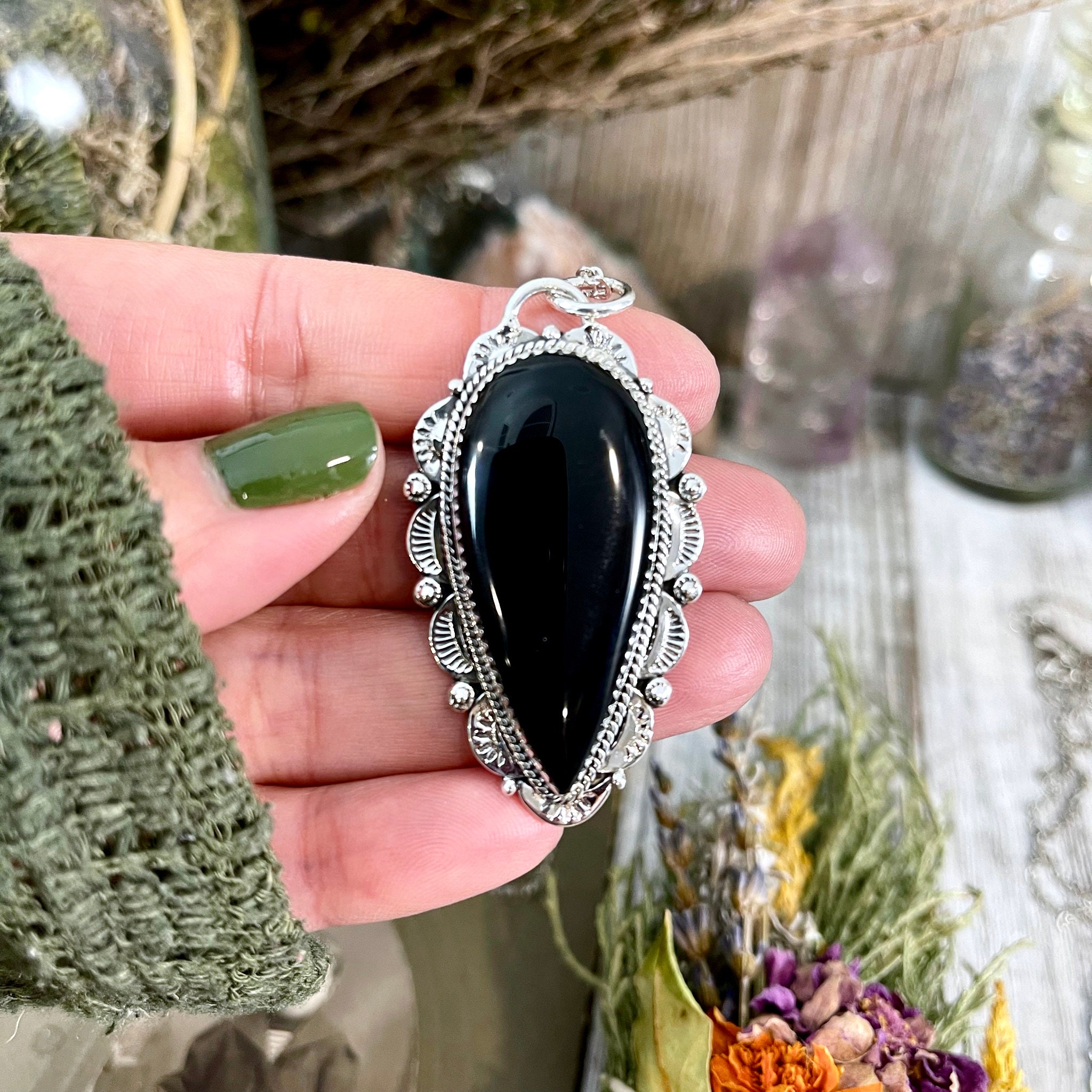Black Onyx Crystal Teardrop Necklace in Sterling Silver