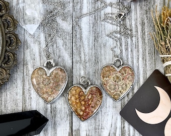 Puede incluir: Tres collares de plata con colgantes en forma de corazón hechos de coral fosilizado. El coral es de color marrón claro con un patrón blanco y rosa. Los collares están sobre una superficie de madera blanca.