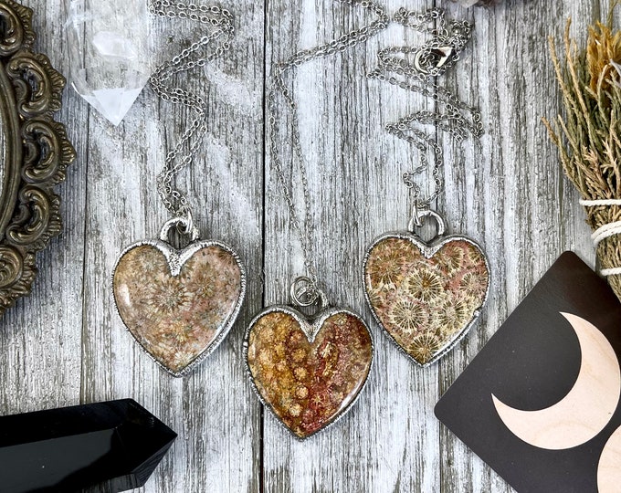 Big Fossilized Coral Heart Necklace in Fine Silver  / Foxlark Collection - One of a Kind / Witchy Necklace Goth Jewelry / Gothic Jewelry