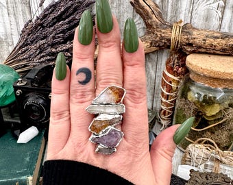 Big Crystal Ring / Multi Stone Clear Quartz Amethyst & Citrine Ring In Fine Silver Size 9 / Foxlark Collection