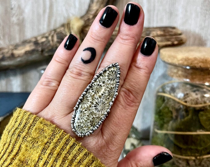 Size 8.5 Fossilized Coral Silver Statement Ring in Fine Silver / Foxlark Collection - One of a Kind / Big Crystal Ring Witchy Jewelry