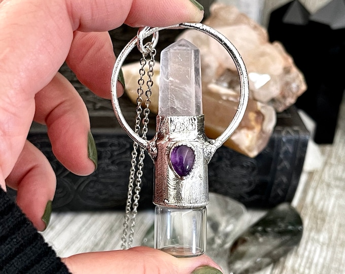 Rose Quartz and Amethyst Crystal Necklace / Silver Crystal Rollerball Necklace / Foxlark Collection - One of a Kind / Gothic Jewelry