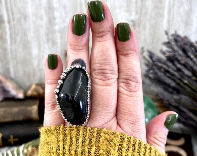 Size 7.5 Natural Black Agate Ring in Fine Silver/ Foxlark Collection - One of a Kind / Big Crystal Ring Witchy Jewelry Gemstone