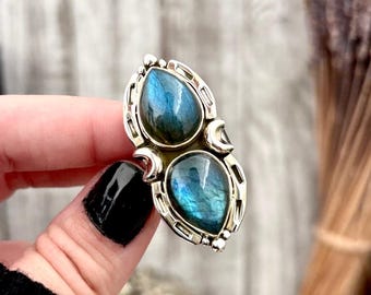 Mystic Moons Labradorite Crystal Ring Sterling Silver Designed FOXLARK Collection Adjustable Ring Size Range 6-9 / Crystal Witchy Jewelry